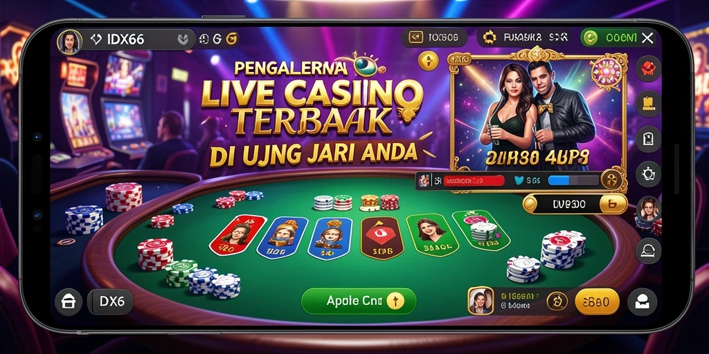 Screenshot permainan Live Casino yang menampilkan dealer dan meja permainan.