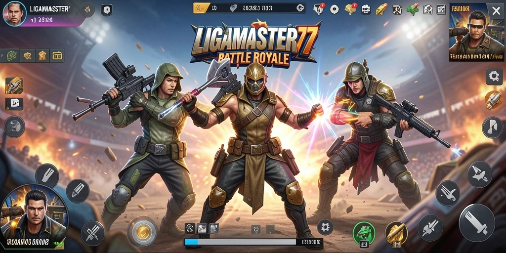 Screenshot LIGAMASTER77 menampilkan aksi mendebarkan dalam arena Battle Royale.