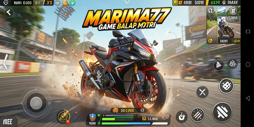 Screenshot gameplay MARIMA77 menampilkan balapan motor yang mendebarkan.