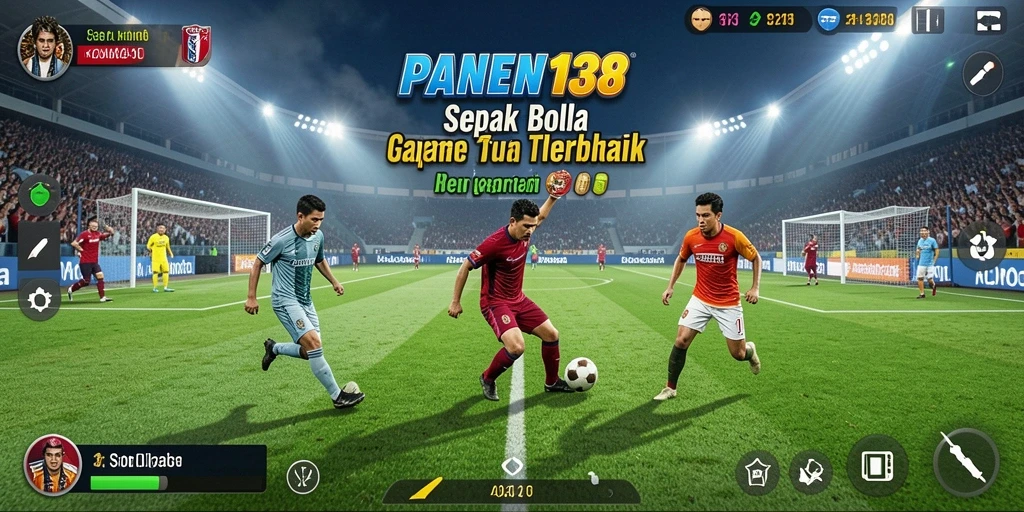 Screenshot utama PANEN138 menunjukkan aksi intens di lapangan sepak bola.