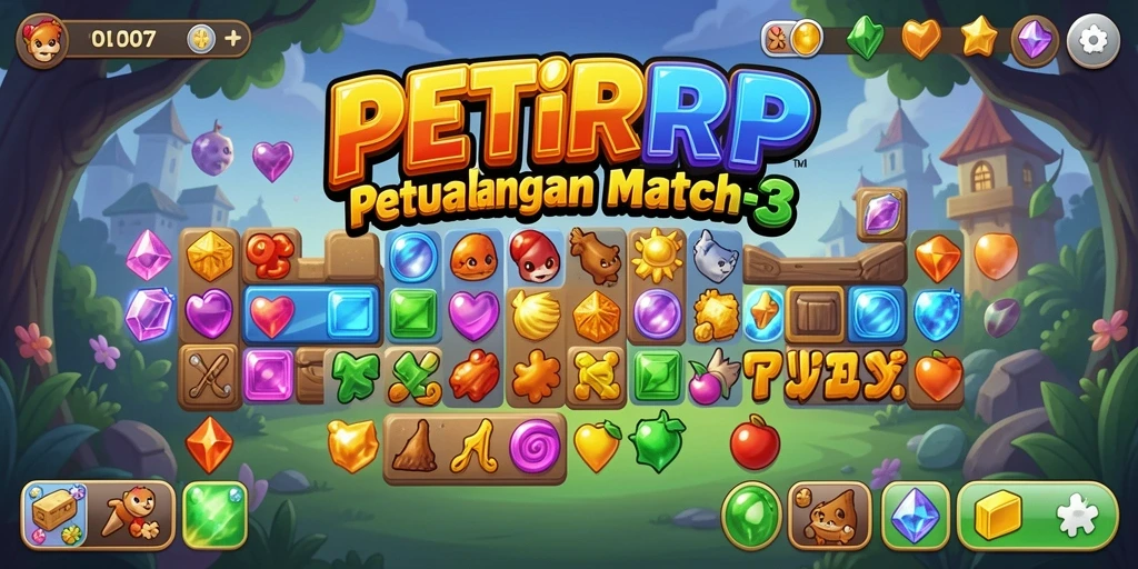 Tampilan gameplay PETIRRP dengan kombinasi objek Match-3 yang menantang.