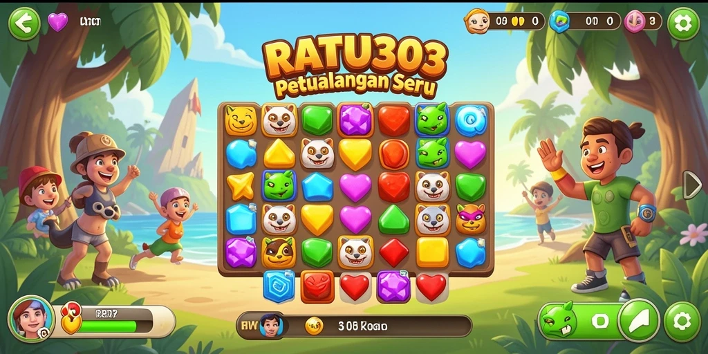 Gameplay seru RATU303 dengan elemen match-3 yang berwarna-warni.